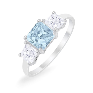 3 Stone Wedding Ring Princess Cut Simulated Aquamarine CZ 925 Sterling Silver